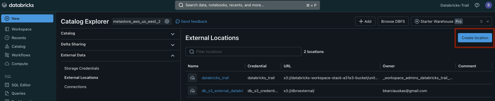 Creating an external storage location in Databricks