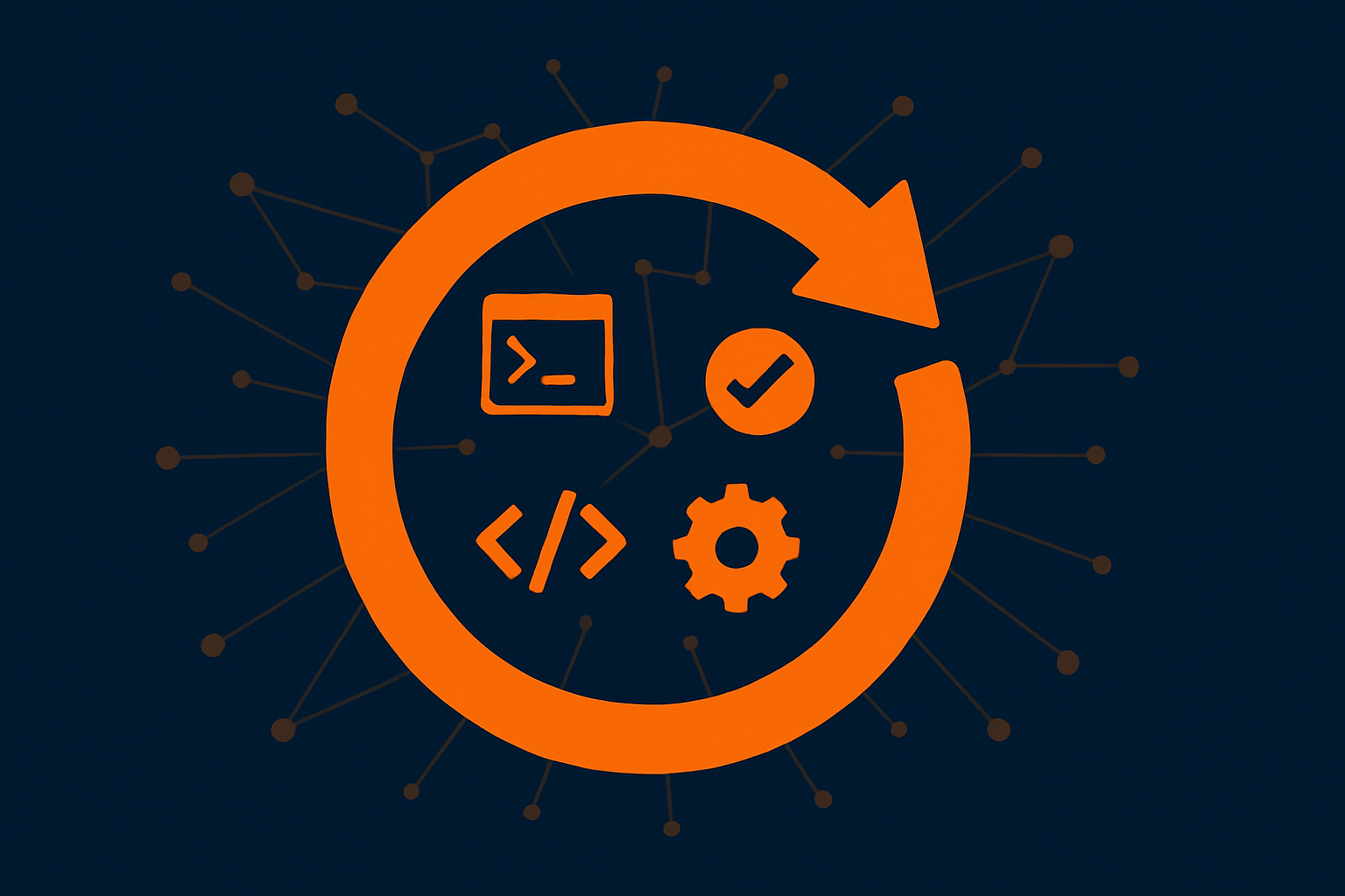 A circular agent loop with terminal, checkmark, code, and gear icons on a dark navy background